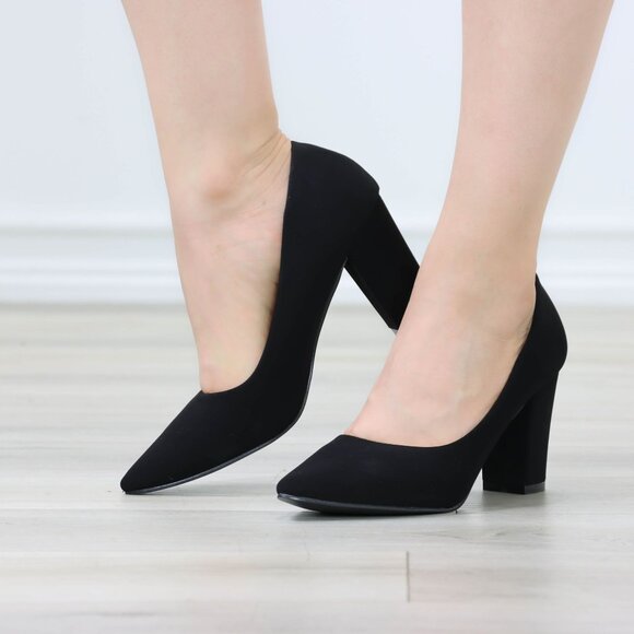 Classic Block High Heel Slip On Pointed Toe Pumps Black Nubuck - Picture 10 of 12
